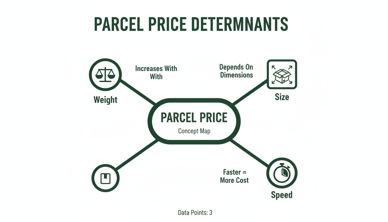 A concept map illustrating the key determinants of parcel price: weight, size, and speed.