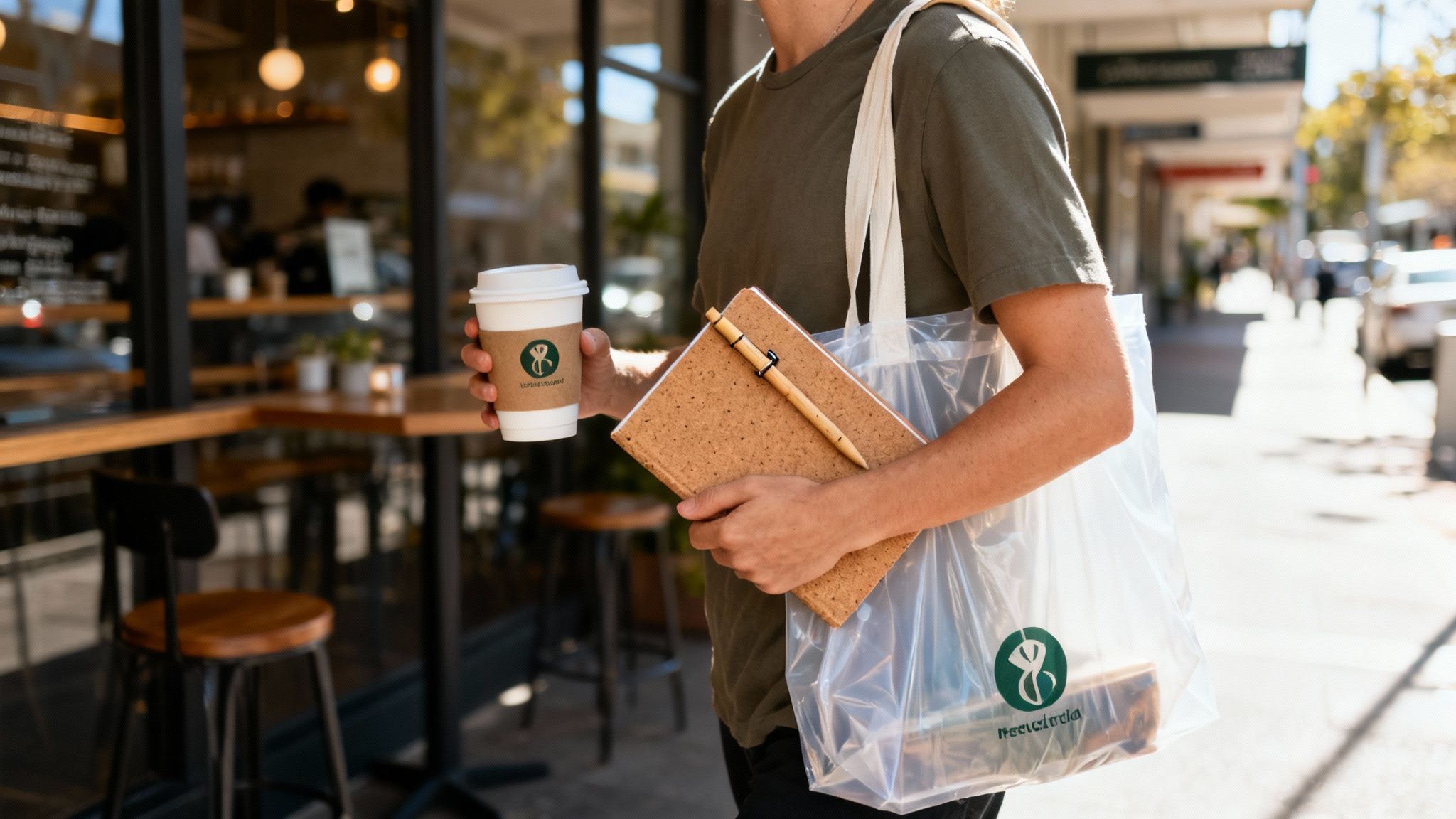 A person holds a coffee, cork notebook, and a reusable bag with an eco-friendly logo while walking past a cafe.