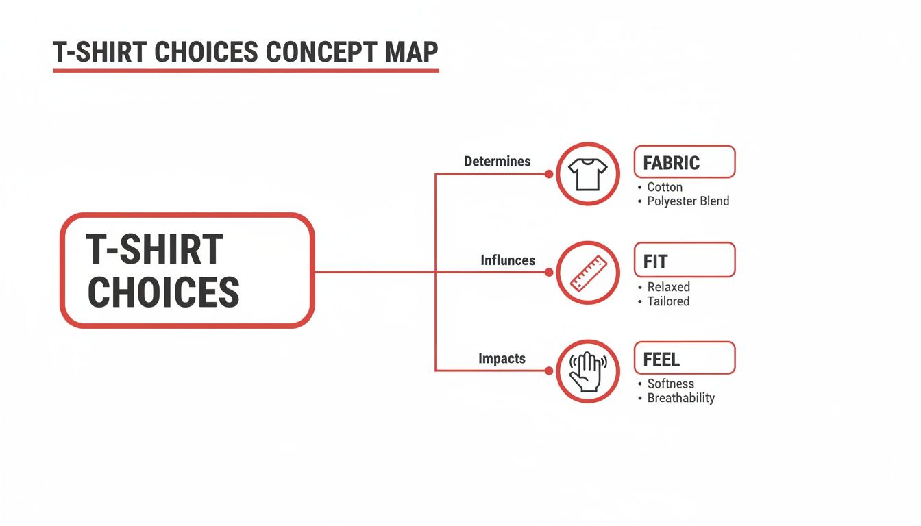A concept map illustrating T-shirt choices based on fabric, fit, and feel with their sub-points.