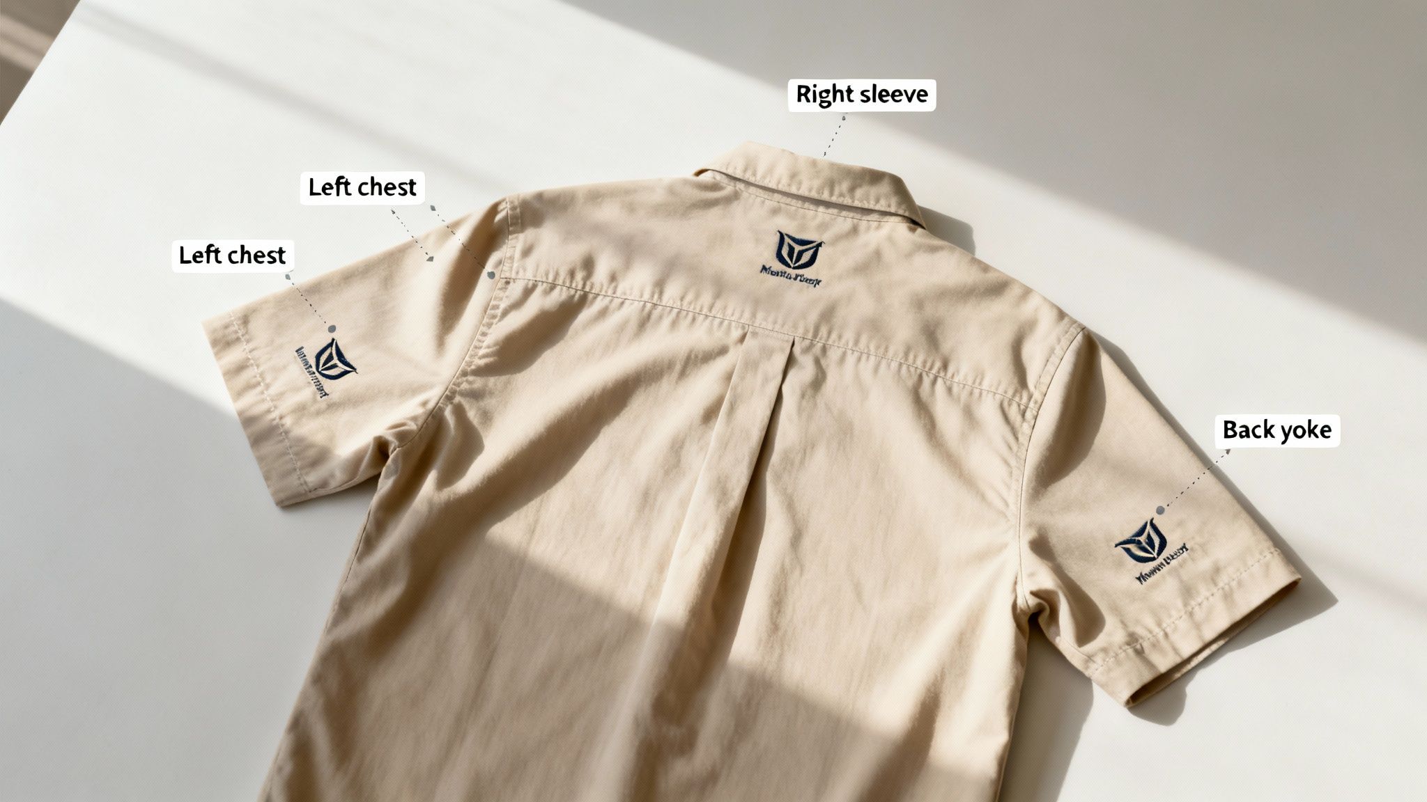 Beige work shirt showcasing multiple embroidered blue logos on both sleeves and the back yoke.