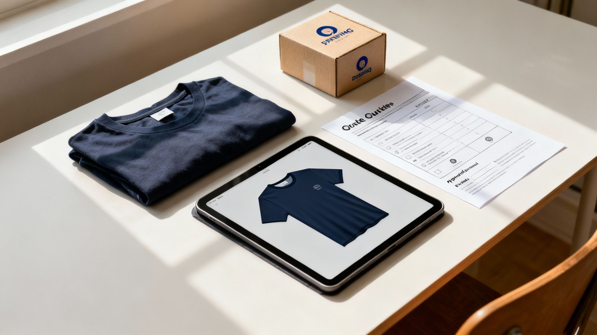 Flat lay of custom t-shirt design process with a folded shirt, box, tablet, and quote.