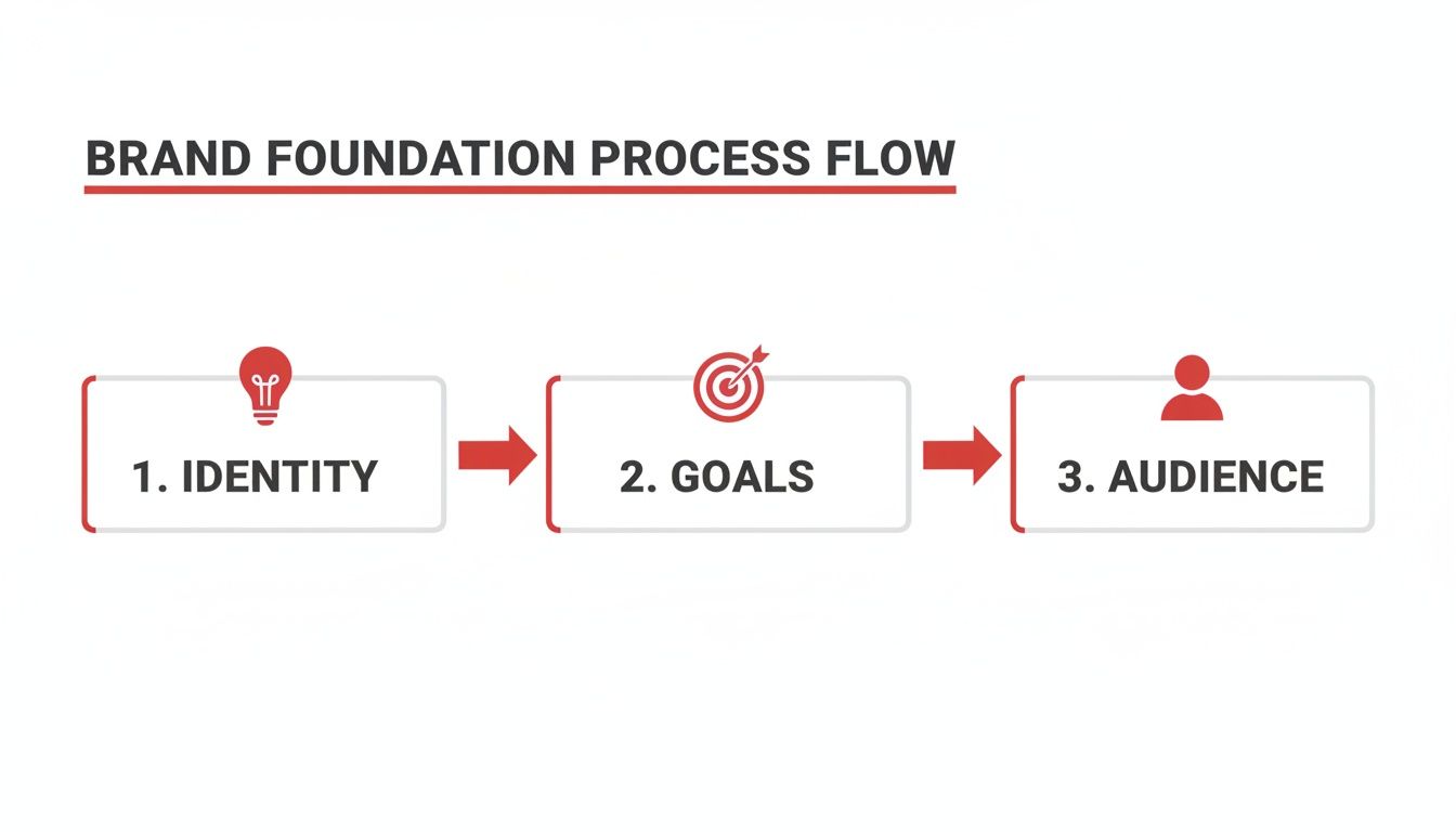 A brand foundation process flow illustrating three key steps: identity with a lightbulb, goals with a target, and audience with a person icon.