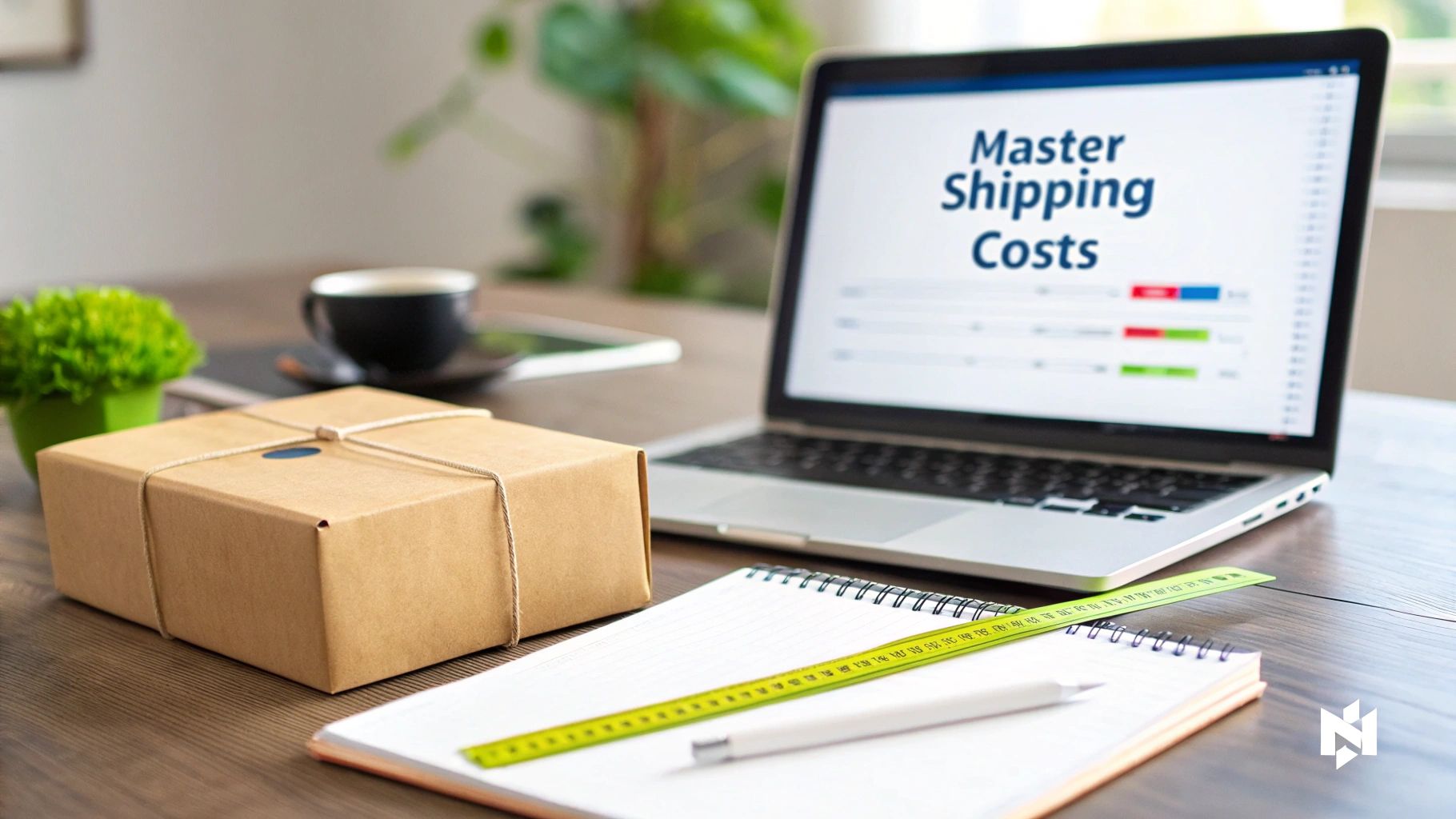 A desk with a laptop displaying shipping costs, a package, notebook, pen, and ruler for logistics planning.