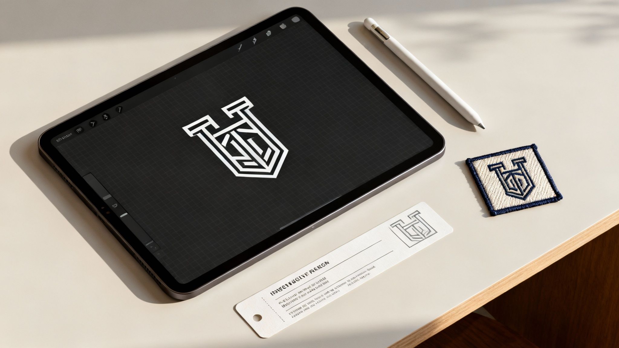 A graphic designer working on a logo for a personalised cap on a computer.