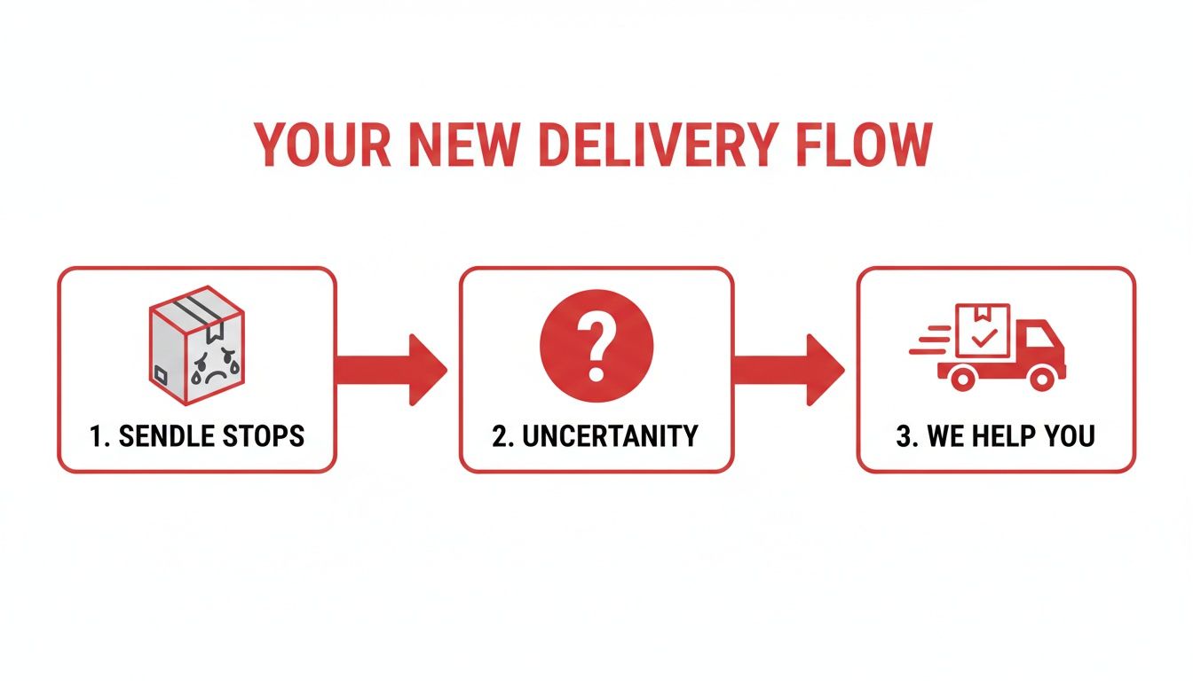 Diagram showing a new delivery flow: Sendle stops, leading to uncertainty, then 'we help you'.