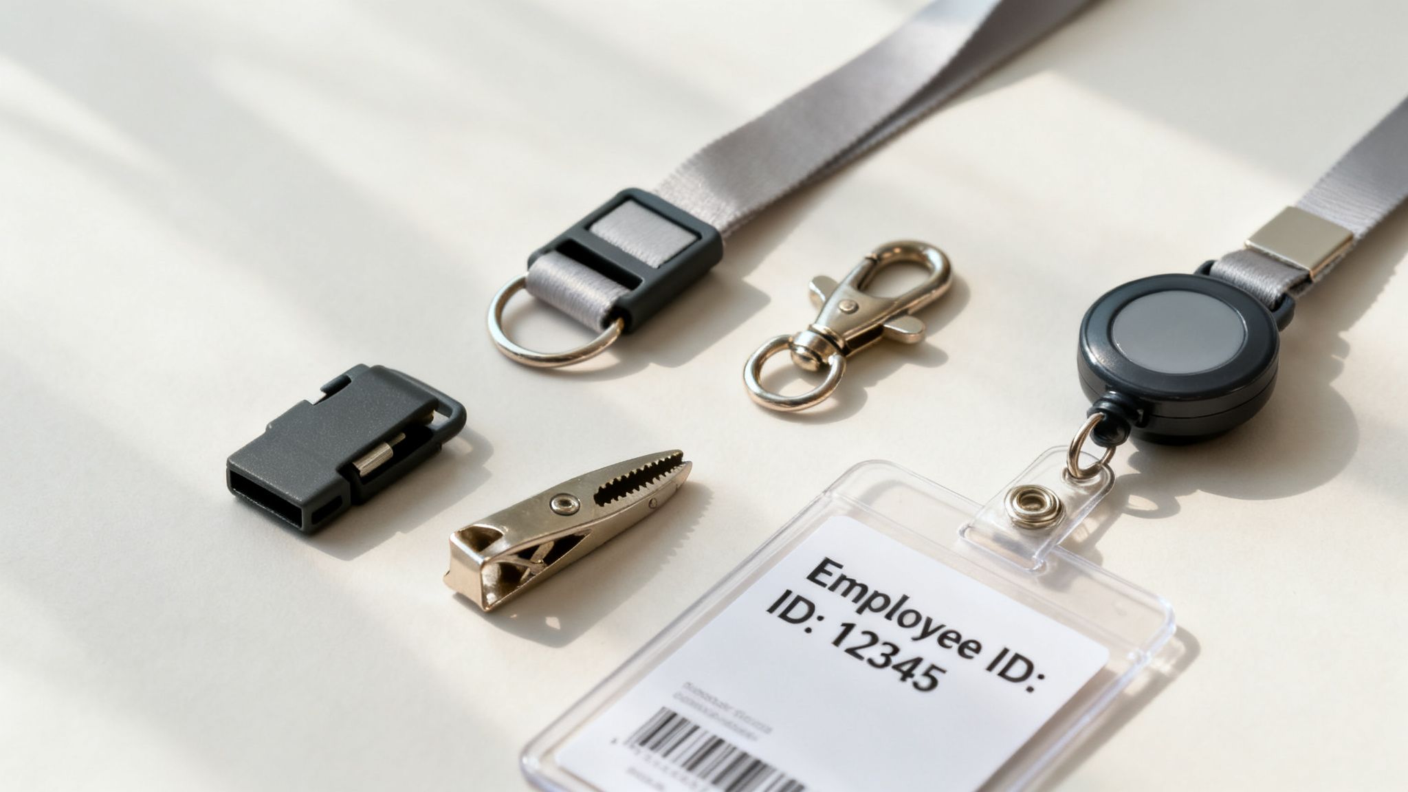 Close-up of various lanyard and ID badge components including straps, buckles, clips, and badge reels.