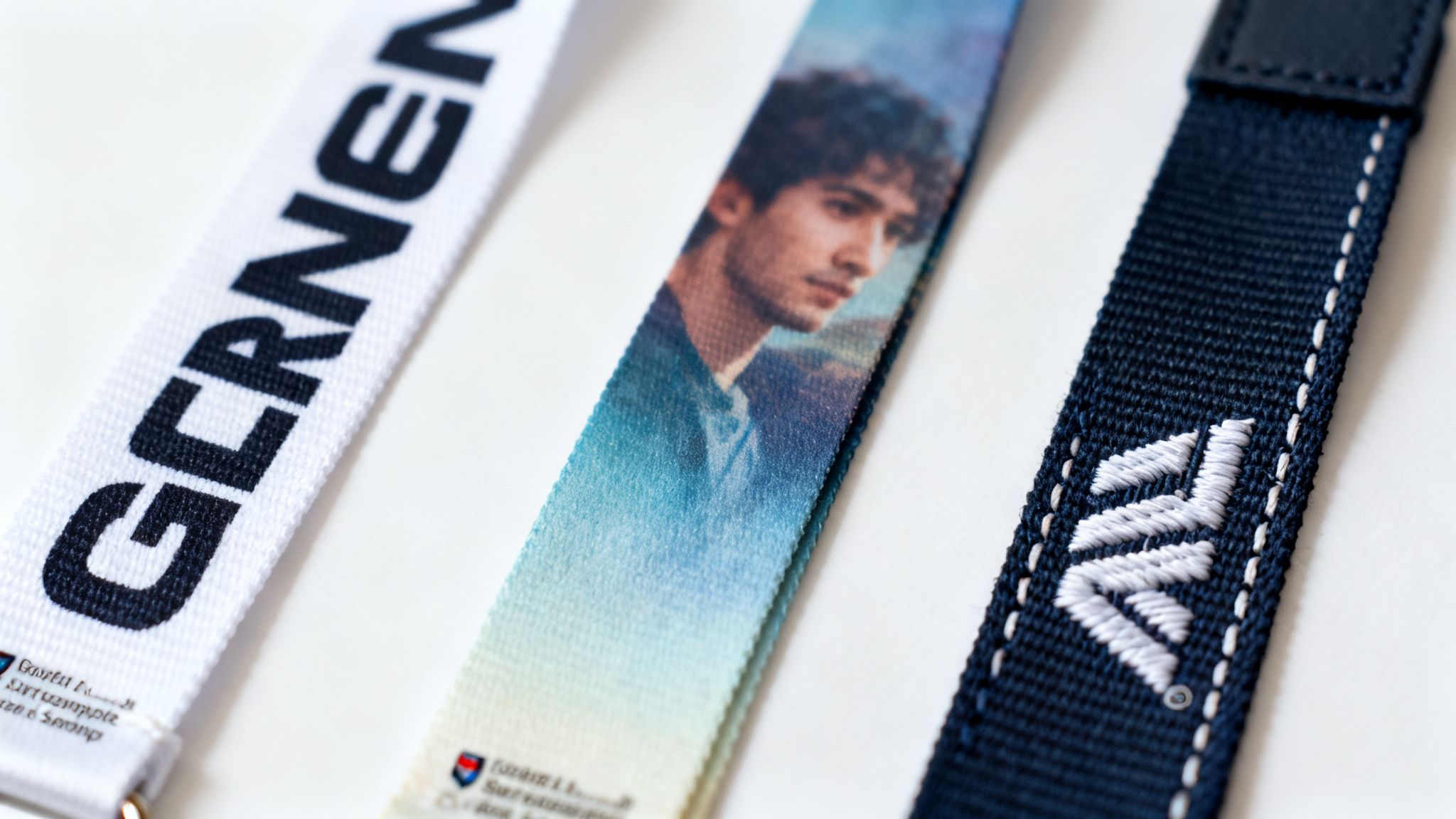 Close-up of three distinct custom lanyards: one white with text, one printed with a face, and one embroidered blue.