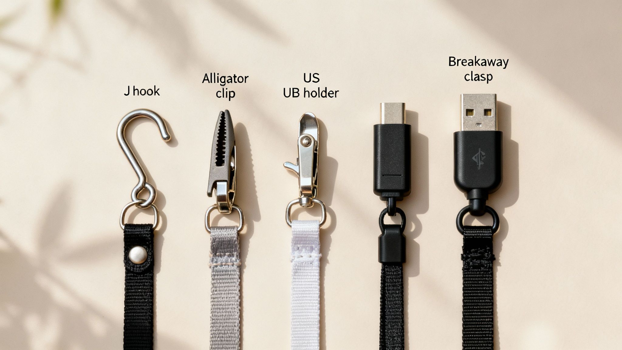 Five lanyard attachments displayed: J hook, alligator clip, snap hook, USB-C, and USB-A breakaway clasp.