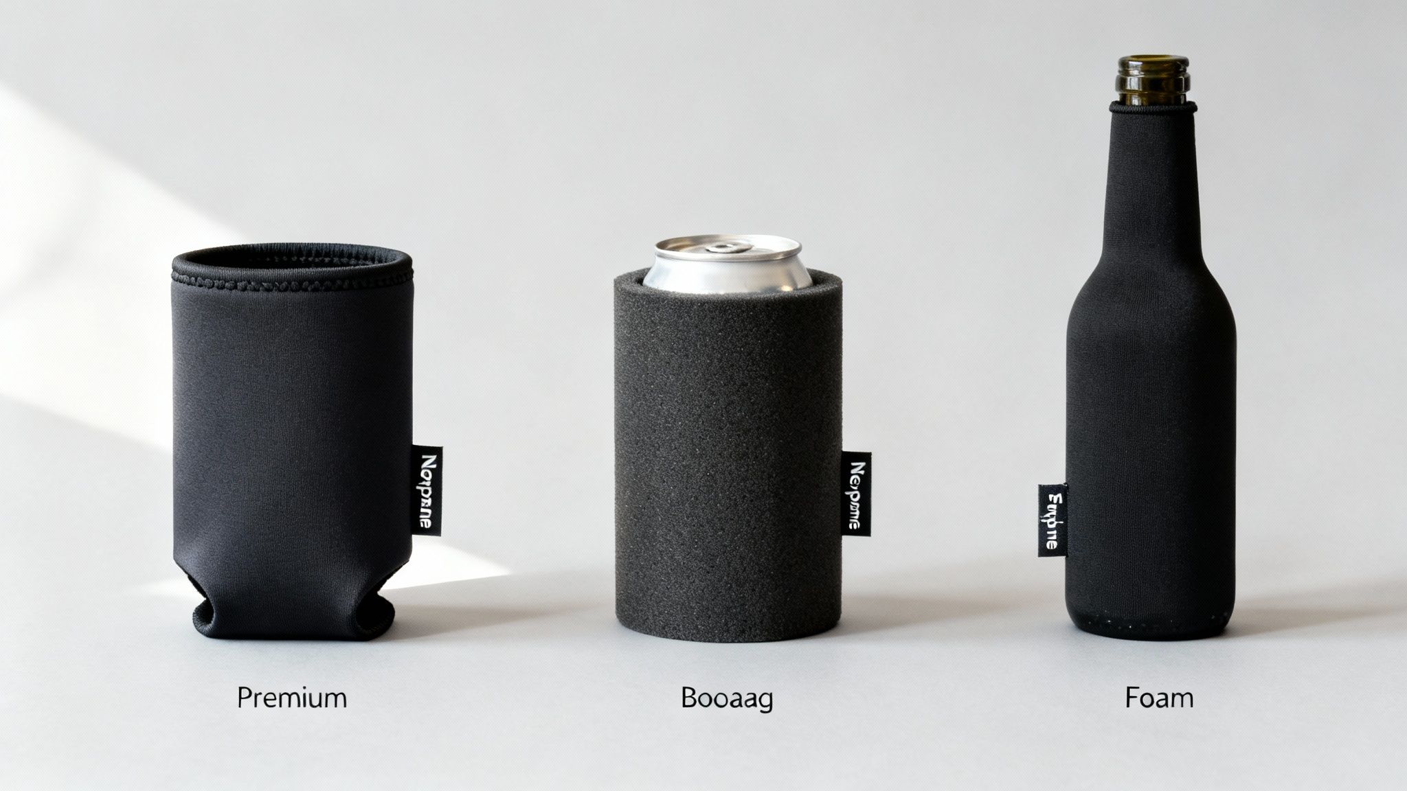 Three types of black drink holders: a premium neoprene stubby holder, a foam can cooler, and a neoprene bottle cooler.
