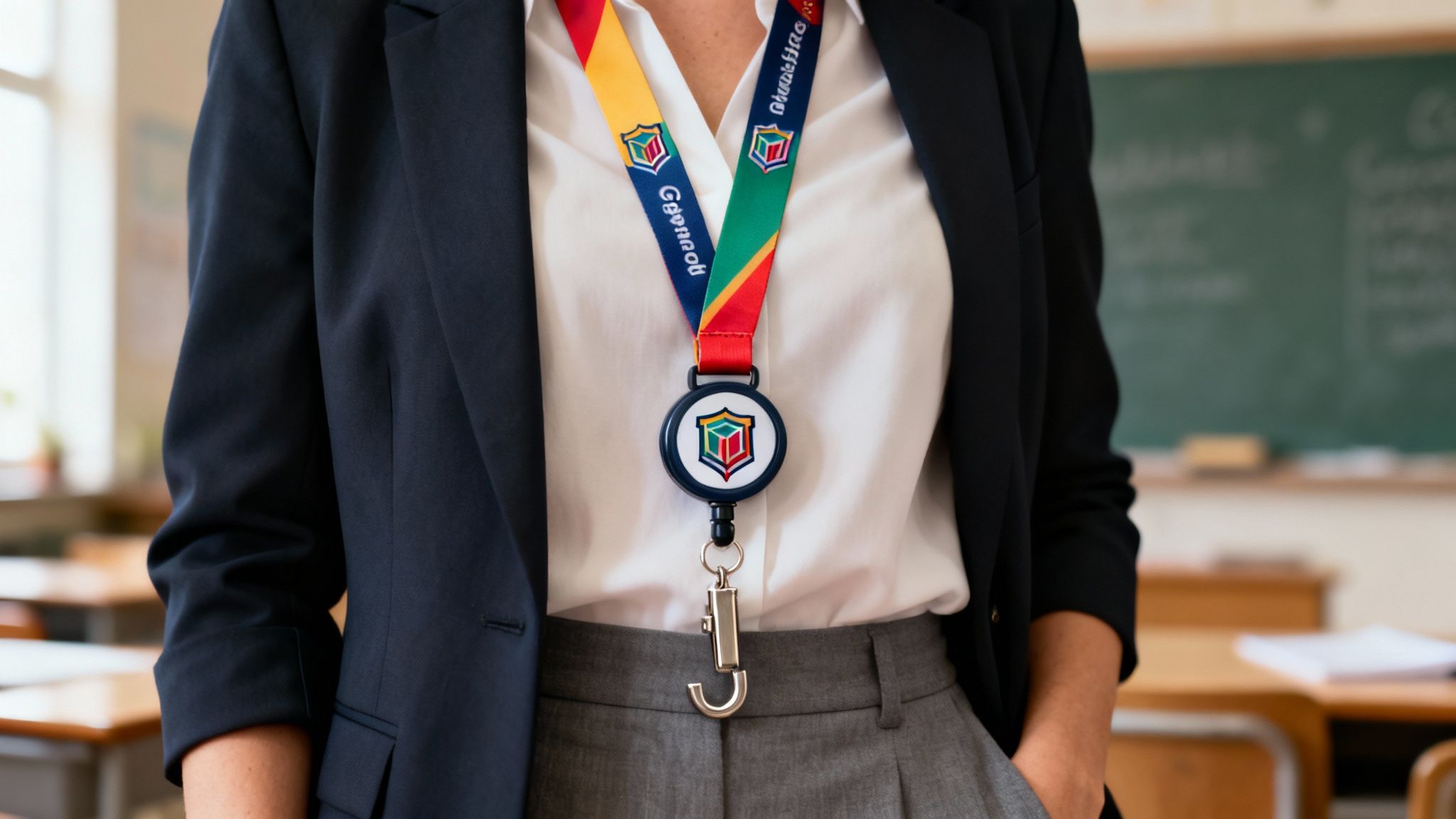 Close-up of a teacher wearing a lanyard with a colorful logo in a classroom setting.