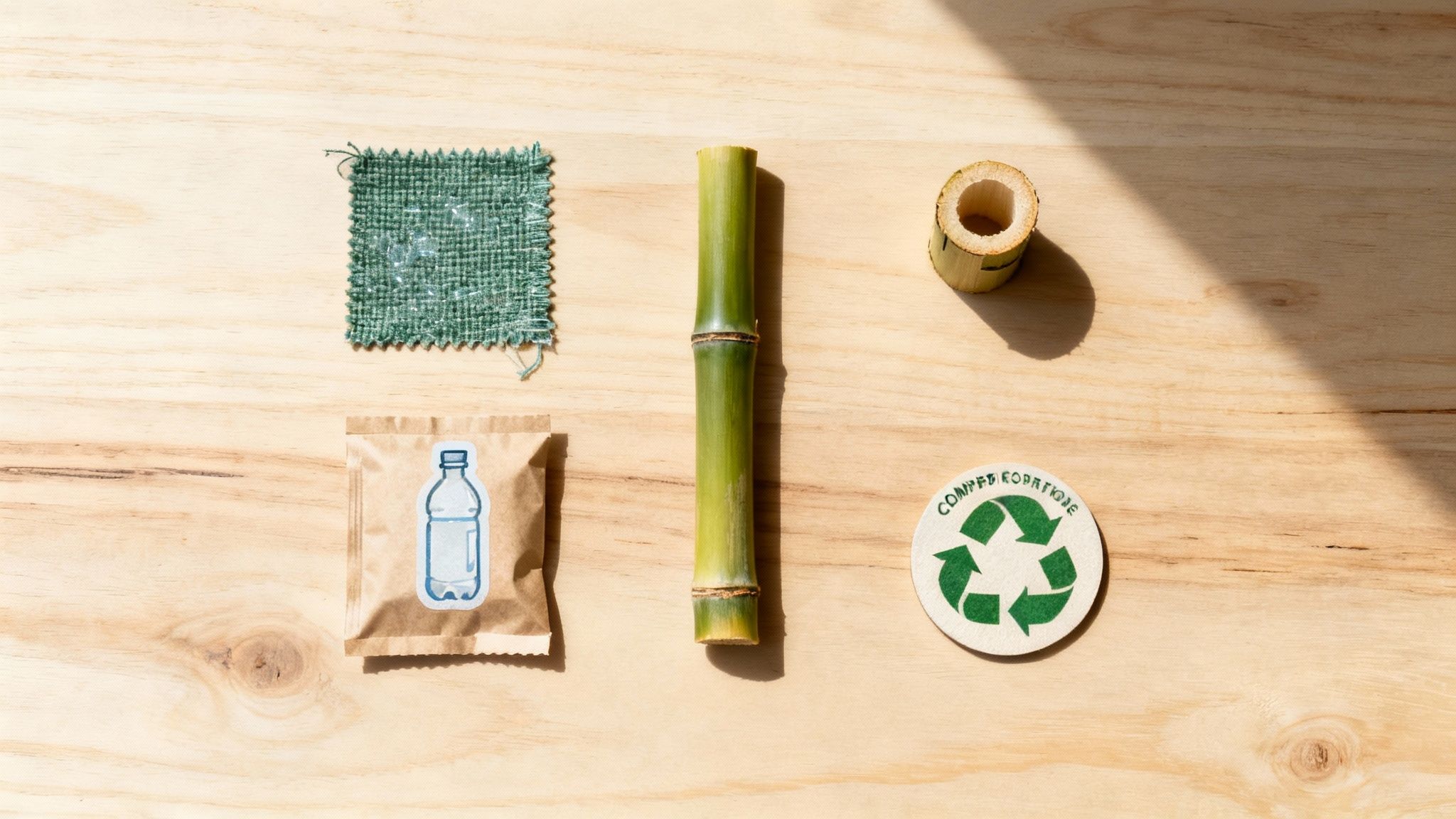 Various eco-friendly materials, including fabric, bamboo, and recycling symbol, arranged on a wooden surface.