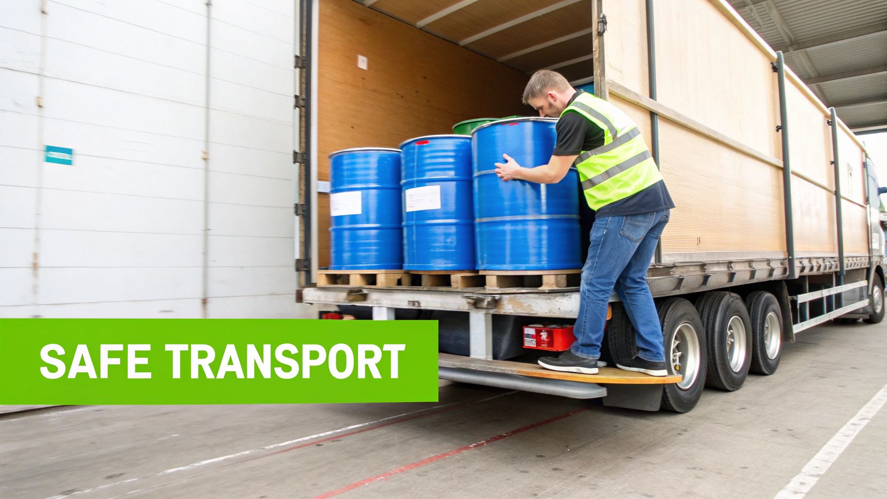 A worker in a safety vest loads blue industrial drums onto a truck for transport.