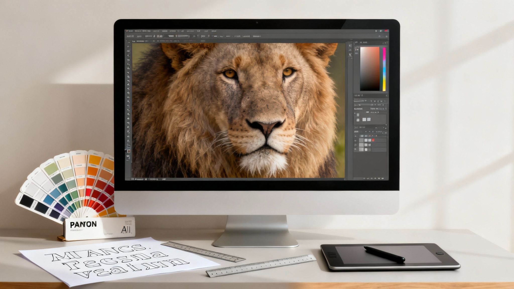 A graphic designer's desk with a computer displaying a lion, a color palette, and design tools.