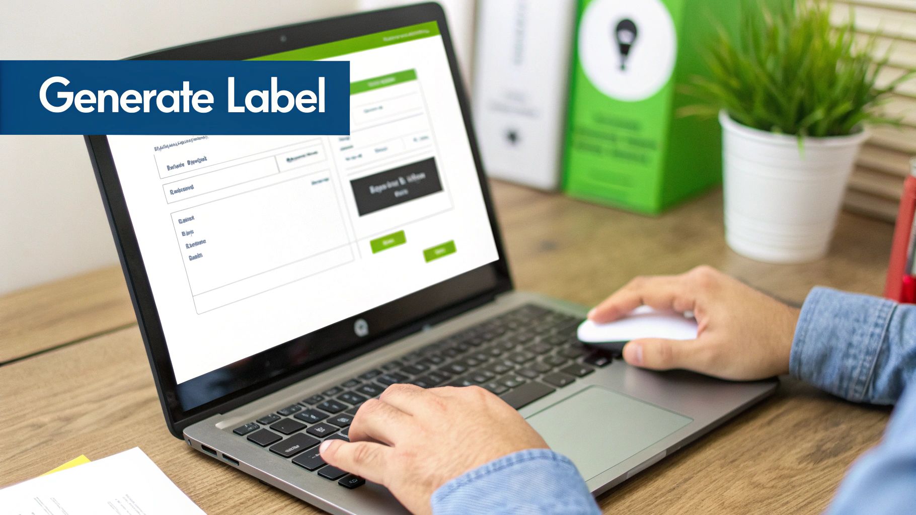 Hands typing on a laptop and using a mouse to generate a shipping label on a website, on a wooden desk.