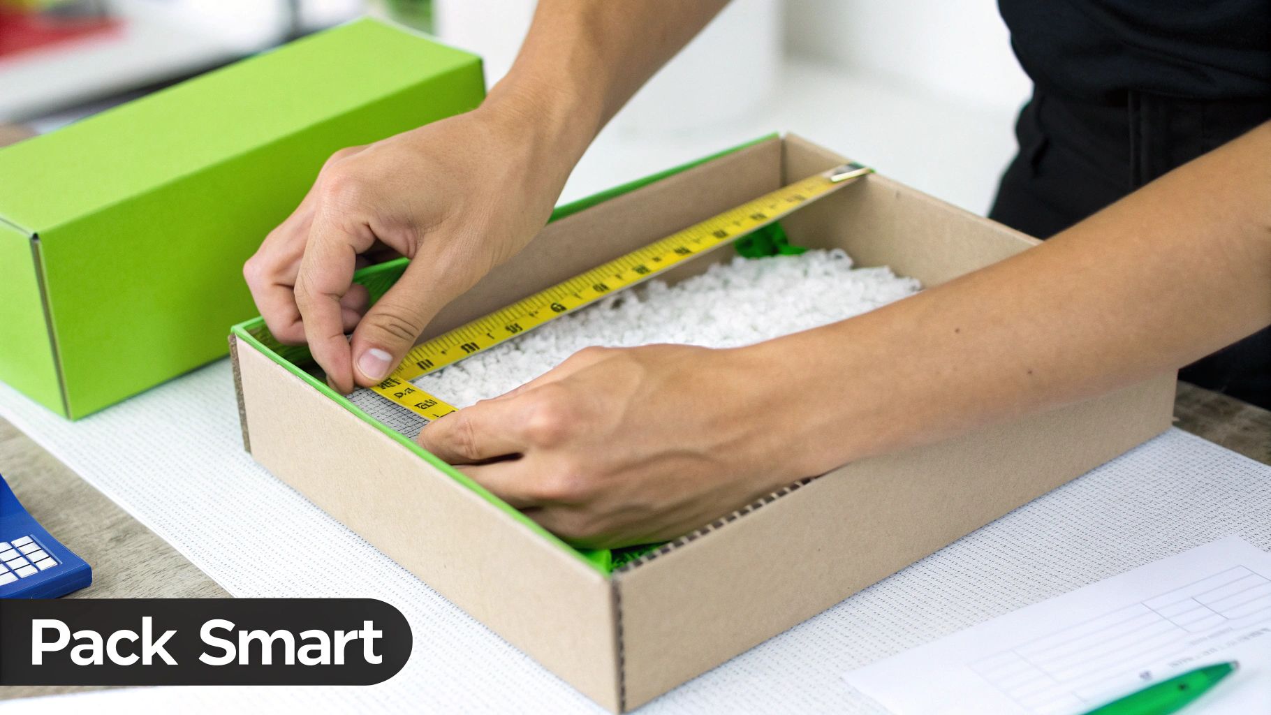 Close-up of hands measuring the internal dimensions of a brown shipping box filled with white packing material.