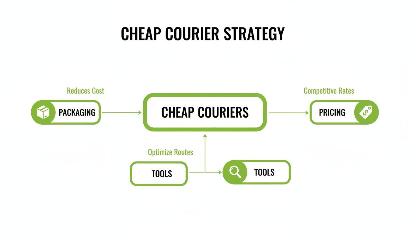 Flowchart illustrating a cheap courier strategy, focusing on packaging, tools for route optimization, and competitive pricing.