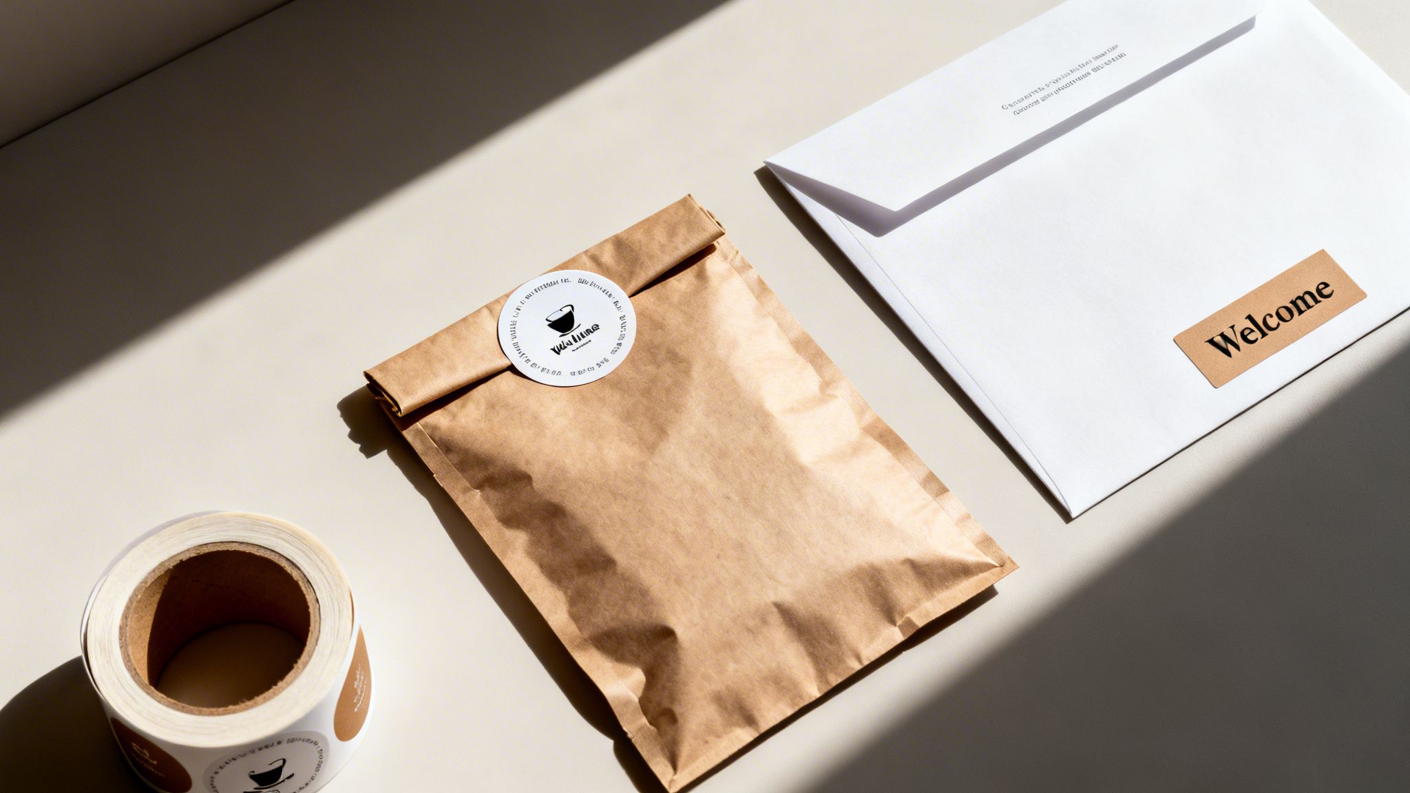 A roll of branded stickers, a brown paper bag with a logo, and an envelope with a 'Welcome' sticker.