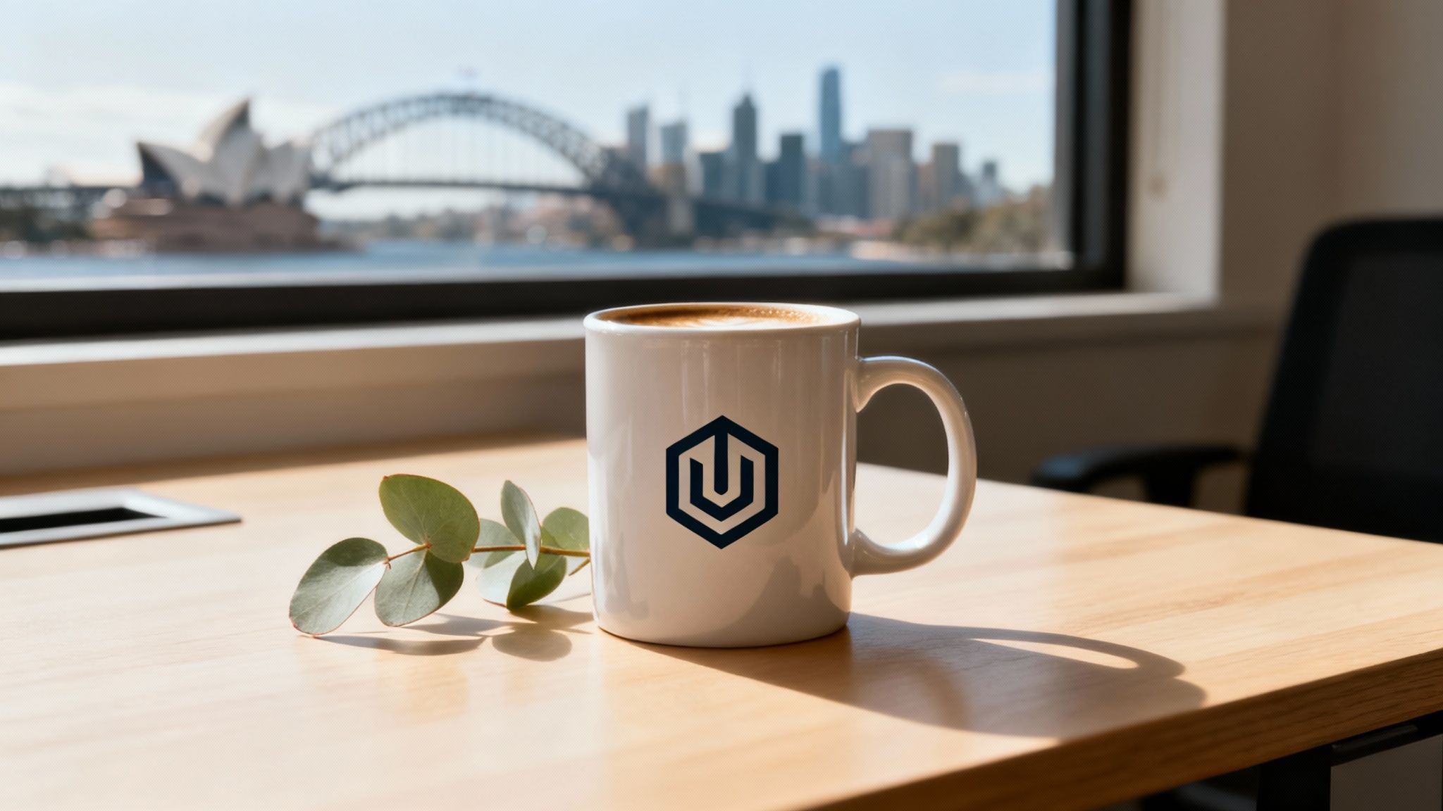 A white coffee mug with a blue logo sits on a wooden desk, overlooking Sydney's skyline.