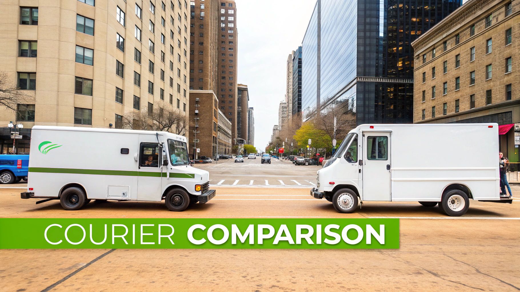 Two white courier delivery trucks facing each other on a city street, with buildings and traffic in the background.