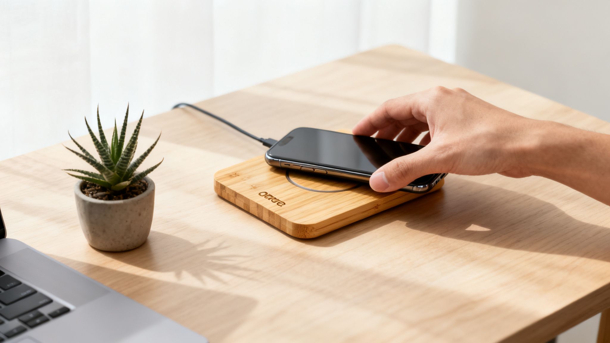 A hand places a smartphone on a wooden wireless charger next to a small succulent plant.