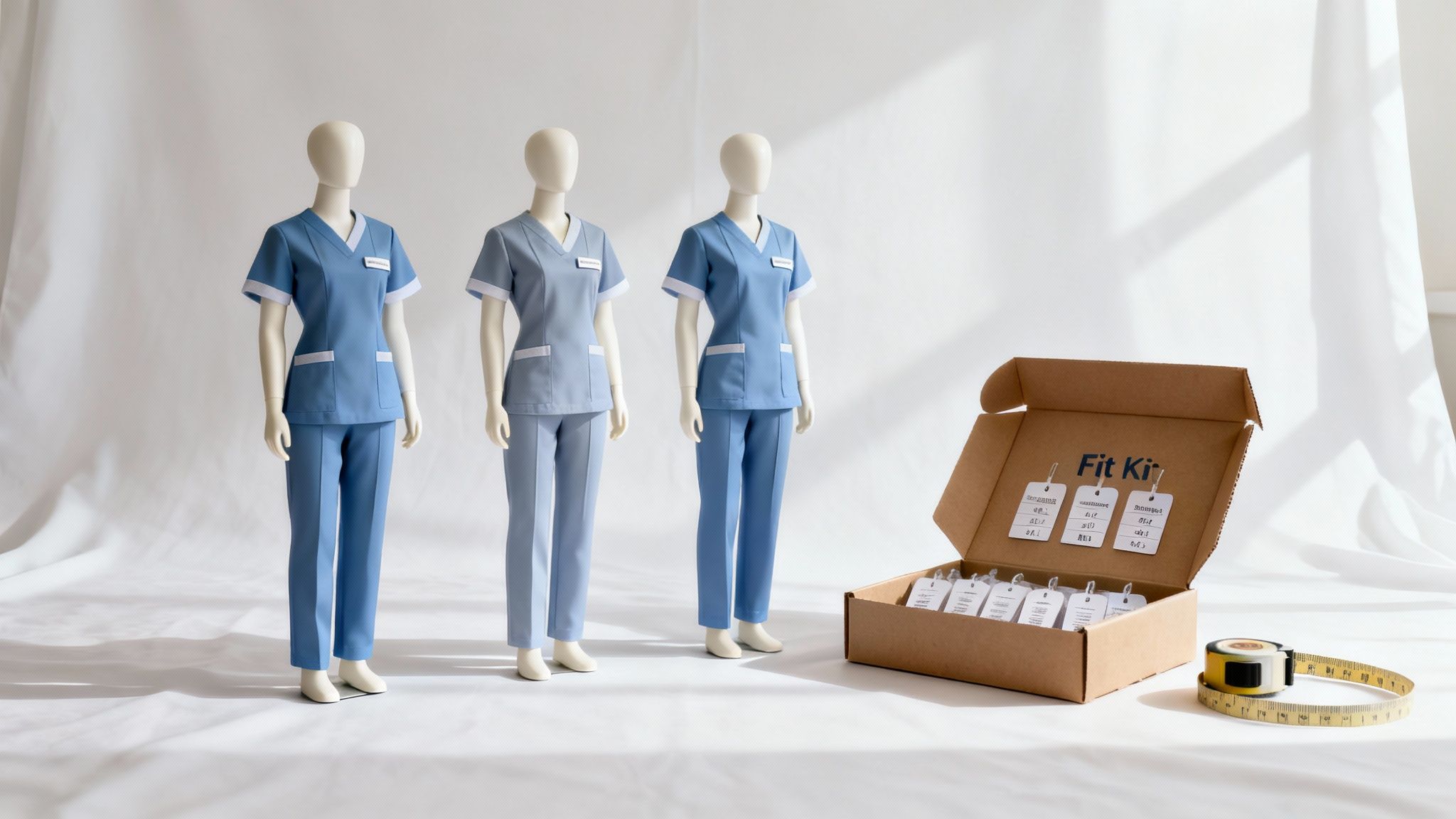 Three mannequins display blue medical scrubs next to a "Fit Kit" box and measuring tape.