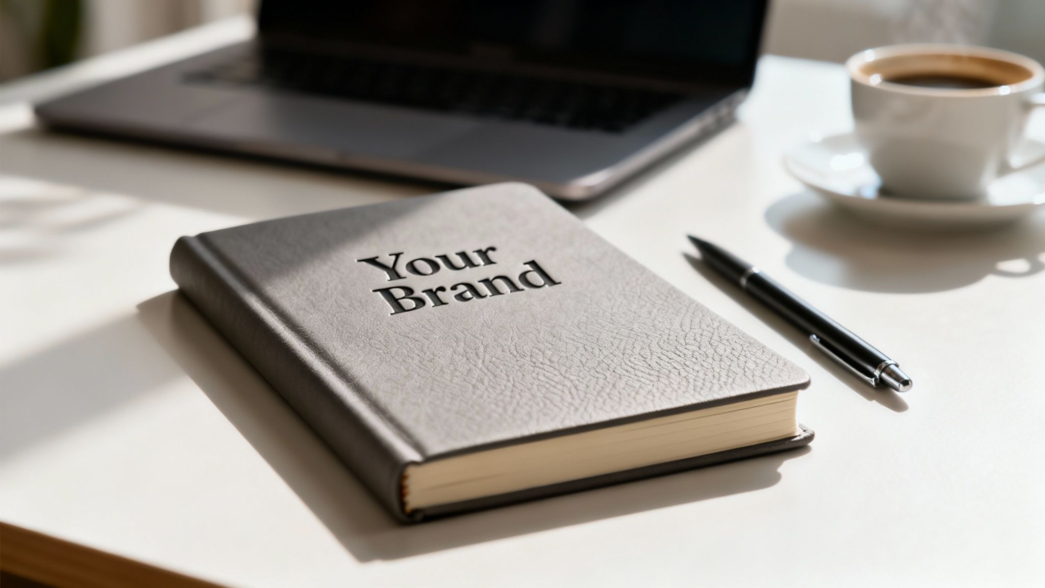 A professional desk setup featuring a 'Your Brand' notebook, pen, laptop, and coffee cup.