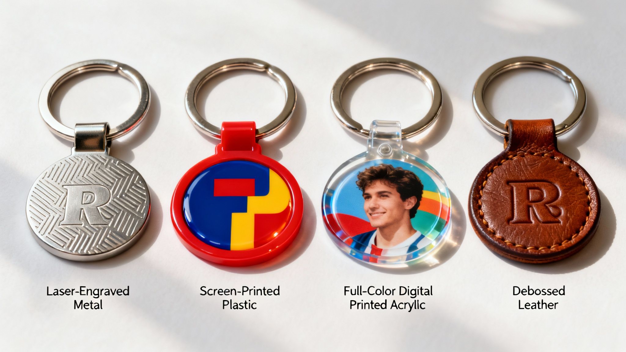 Four distinct promotional keyrings: laser-engraved metal, screen-printed plastic, full-color digital printed acrylic, and debossed leather.