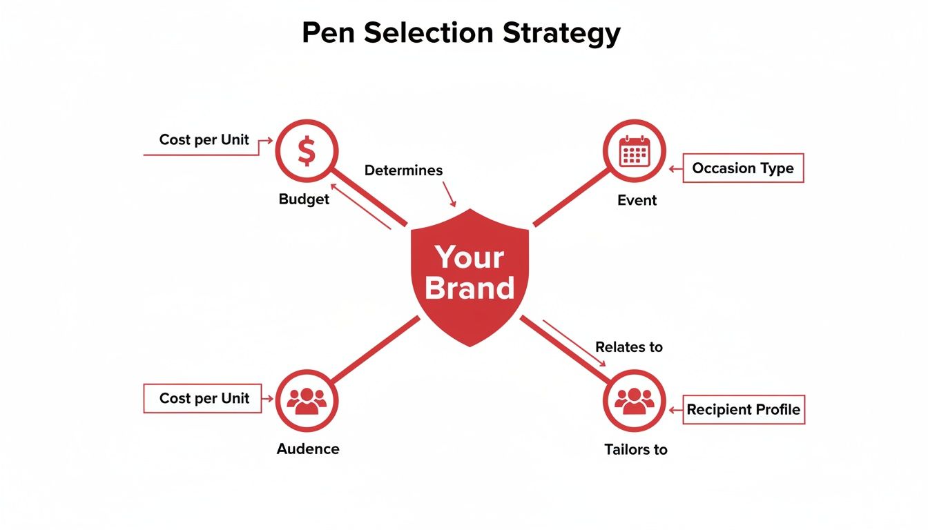 A Pen Selection Strategy diagram illustrating factors like budget, event, audience, and recipient profile influencing brand decisions.