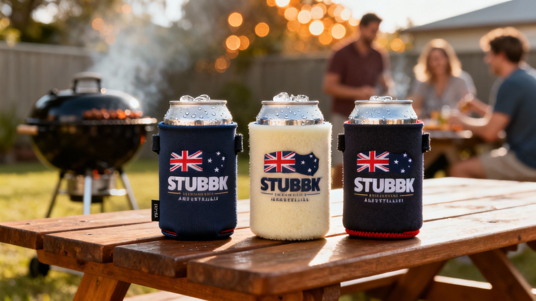 Three refreshing stubby holders on a picnic table at a lively outdoor BBQ gathering.