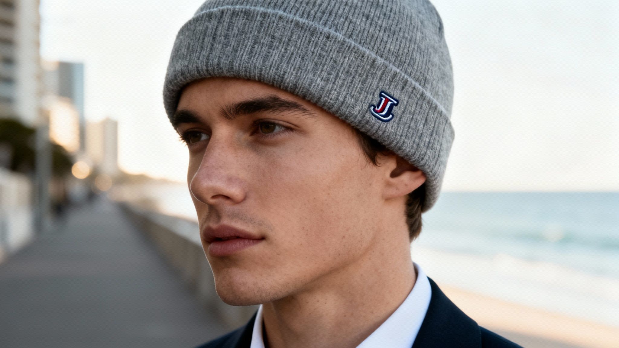 Close-up of a young man wearing a grey beanie with a red and blue 'JJ' logo.