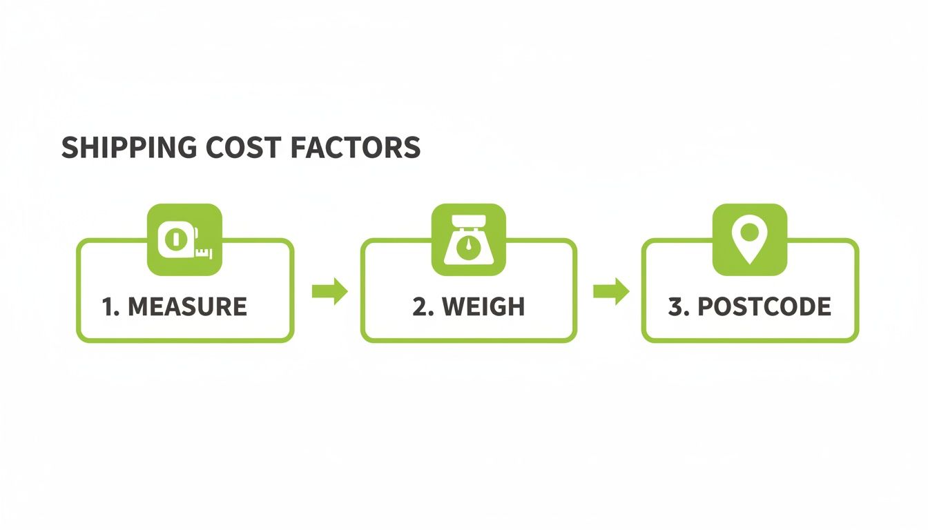 Infographic outlining three key factors for calculating shipping costs: measure, weigh, and postcode.