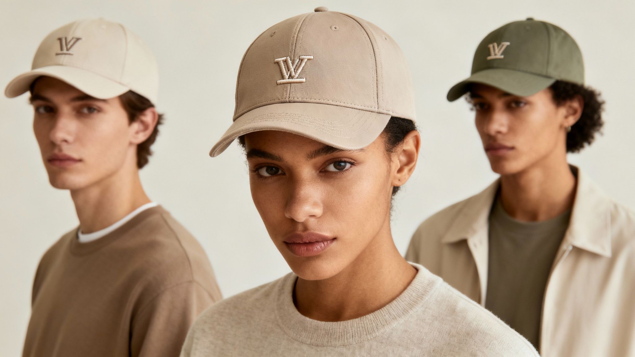 Three models showcase various colored baseball caps with an embroidered 'W' logo, perfect for men and women.