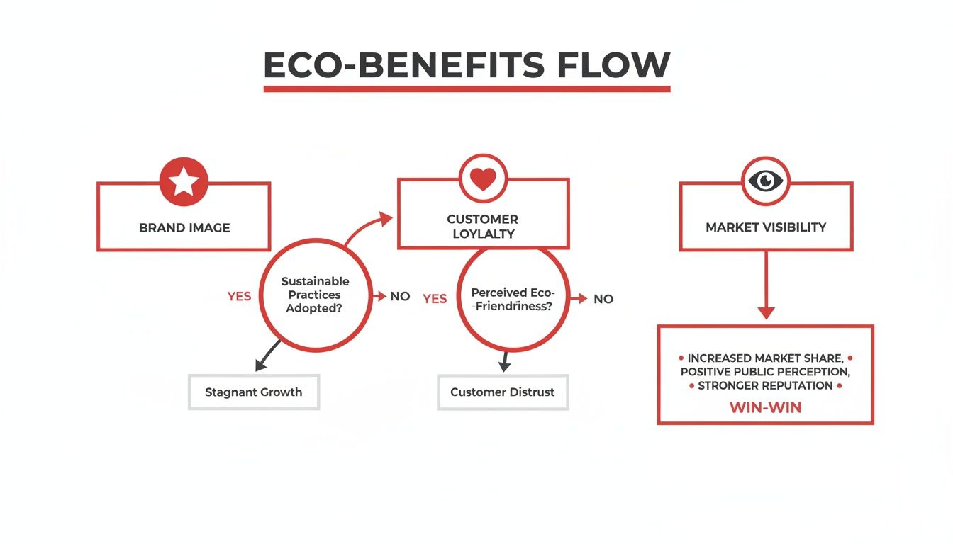 Flowchart illustrating the eco-benefits flow, showing how sustainable practices lead to brand image, customer loyalty, and market visibility.