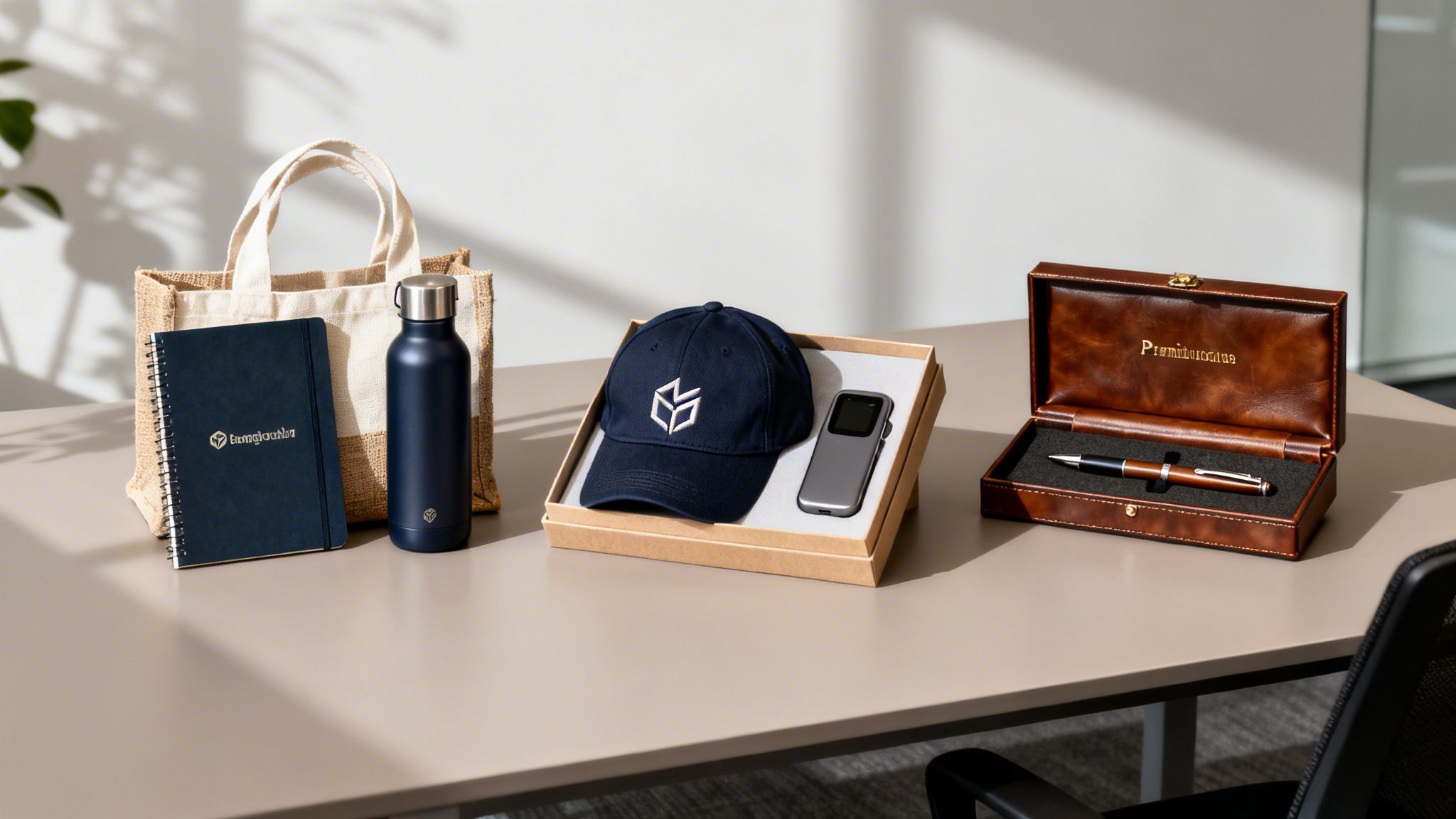 Various corporate gift items including a tote bag, notebook, water bottle, cap, and pen on a desk.