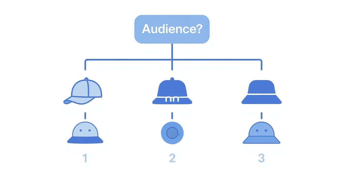 Infographic showing a decision tree for choosing a cap style based on the target audience and event.
