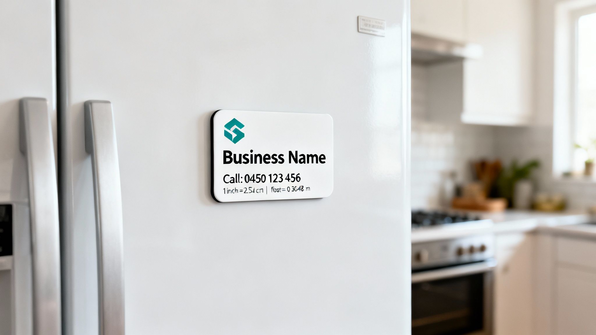 A custom business name magnet with a logo and phone number on a white refrigerator door.