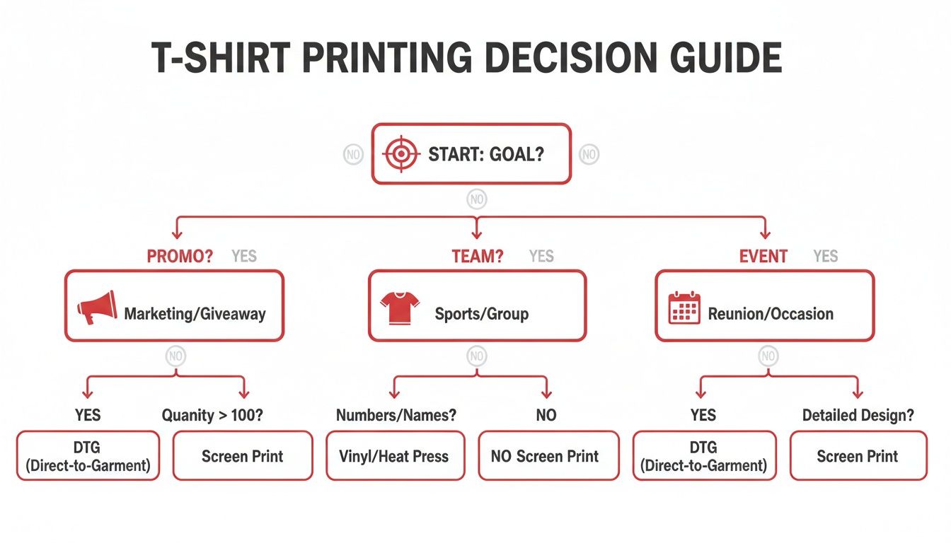 Flowchart guiding users through t-shirt printing decisions based on purpose, quantity, and design complexity.