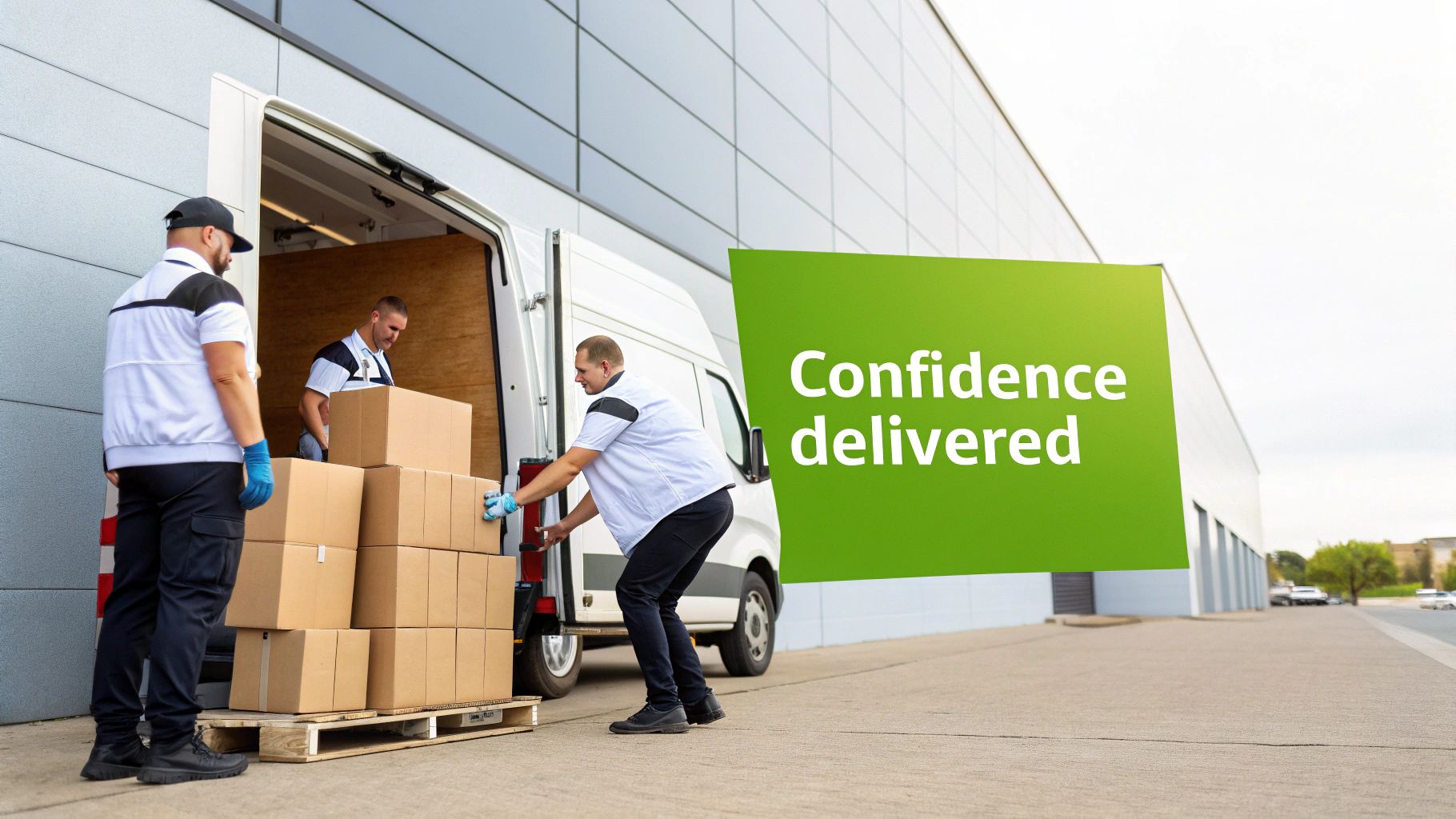Three delivery workers in uniform loading boxes into a white delivery van with 'Confidence delivered' text.
