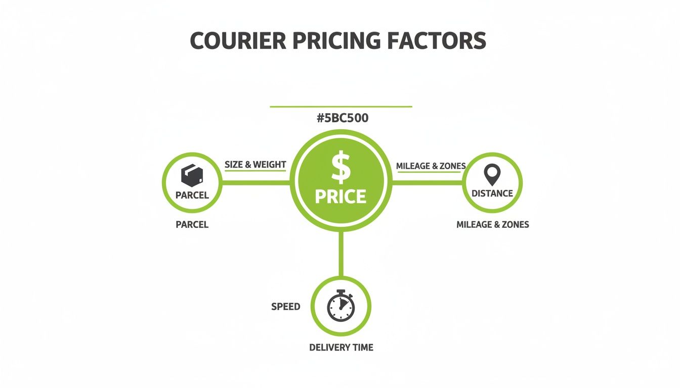 A diagram illustrating courier pricing factors: parcel size, weight, distance, mileage, zones, and delivery speed.