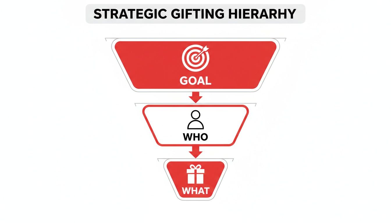 A strategic gifting hierarchy funnel diagram illustrating the goal, who, and what steps.