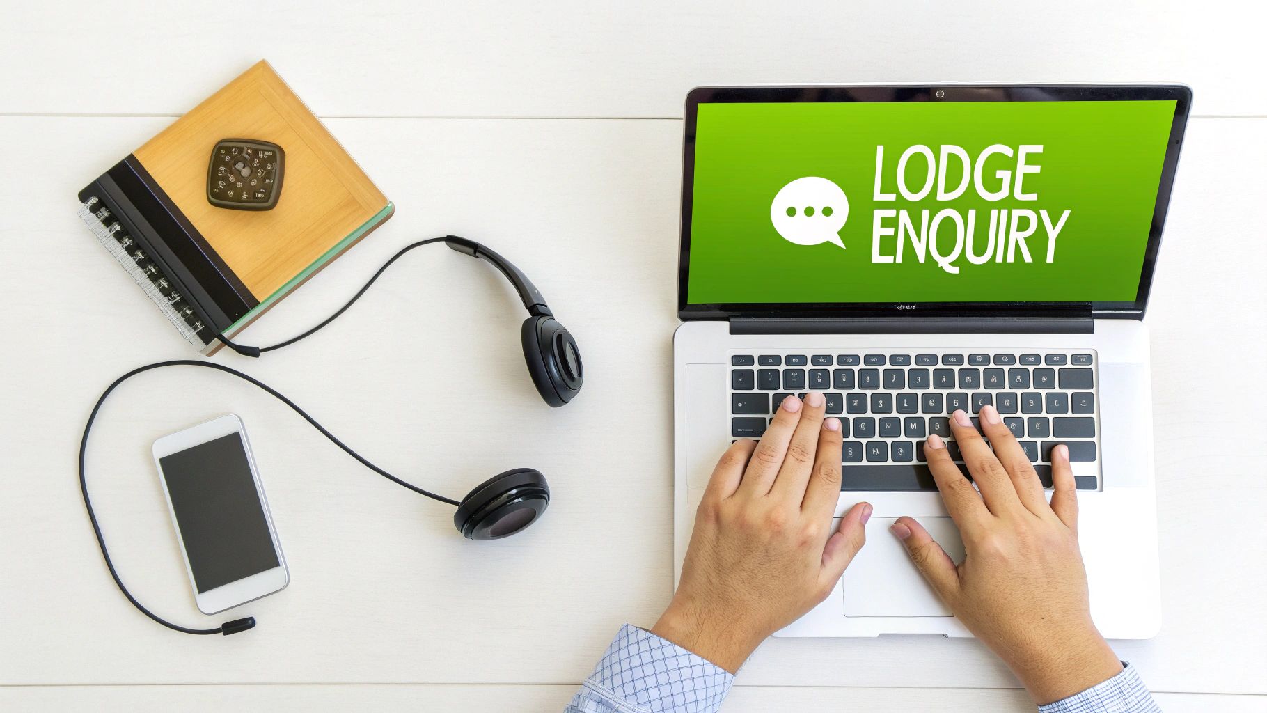 Overhead view of hands typing on a laptop with 'LODGE ENQUIRY' on screen, alongside headphones, a phone, and a notebook.