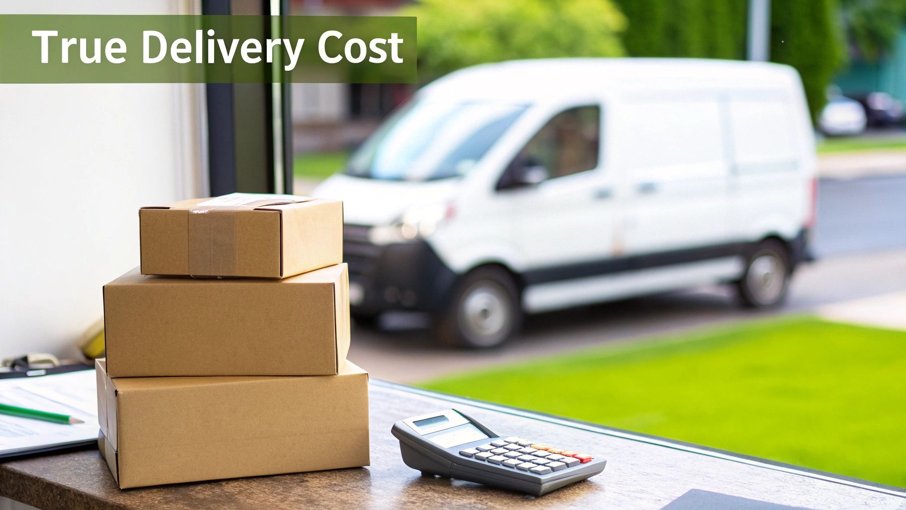 Stacked delivery boxes and a calculator, with a blurred delivery van, symbolizing true delivery cost.