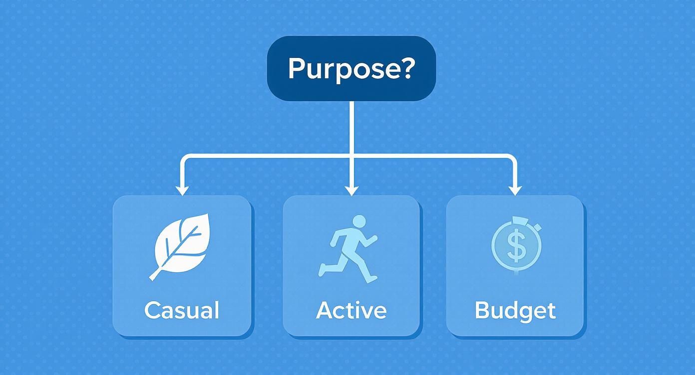 A flowchart illustrating purpose-based selection, with branches for Casual, Active, and Budget options.