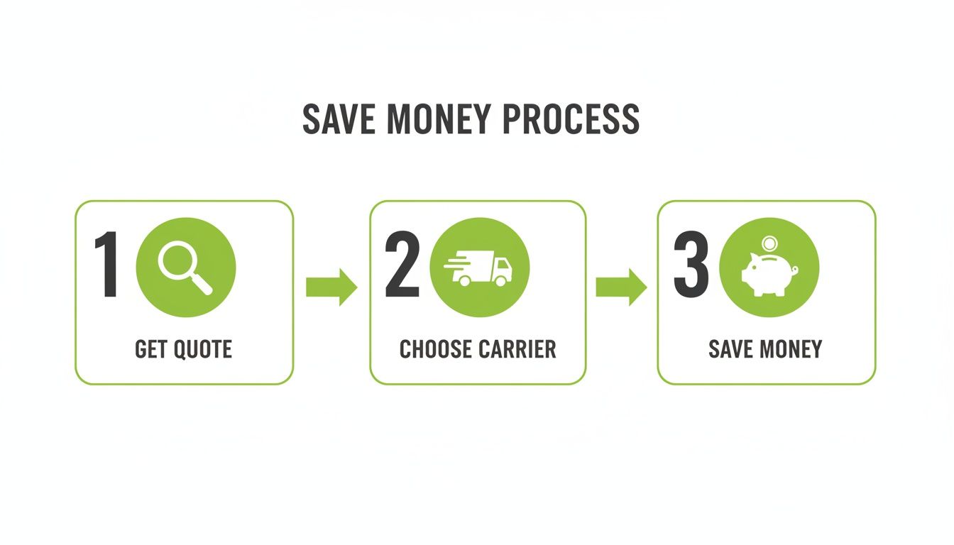A three-step process graphic showing how to save money: get a quote, choose a carrier, then save.