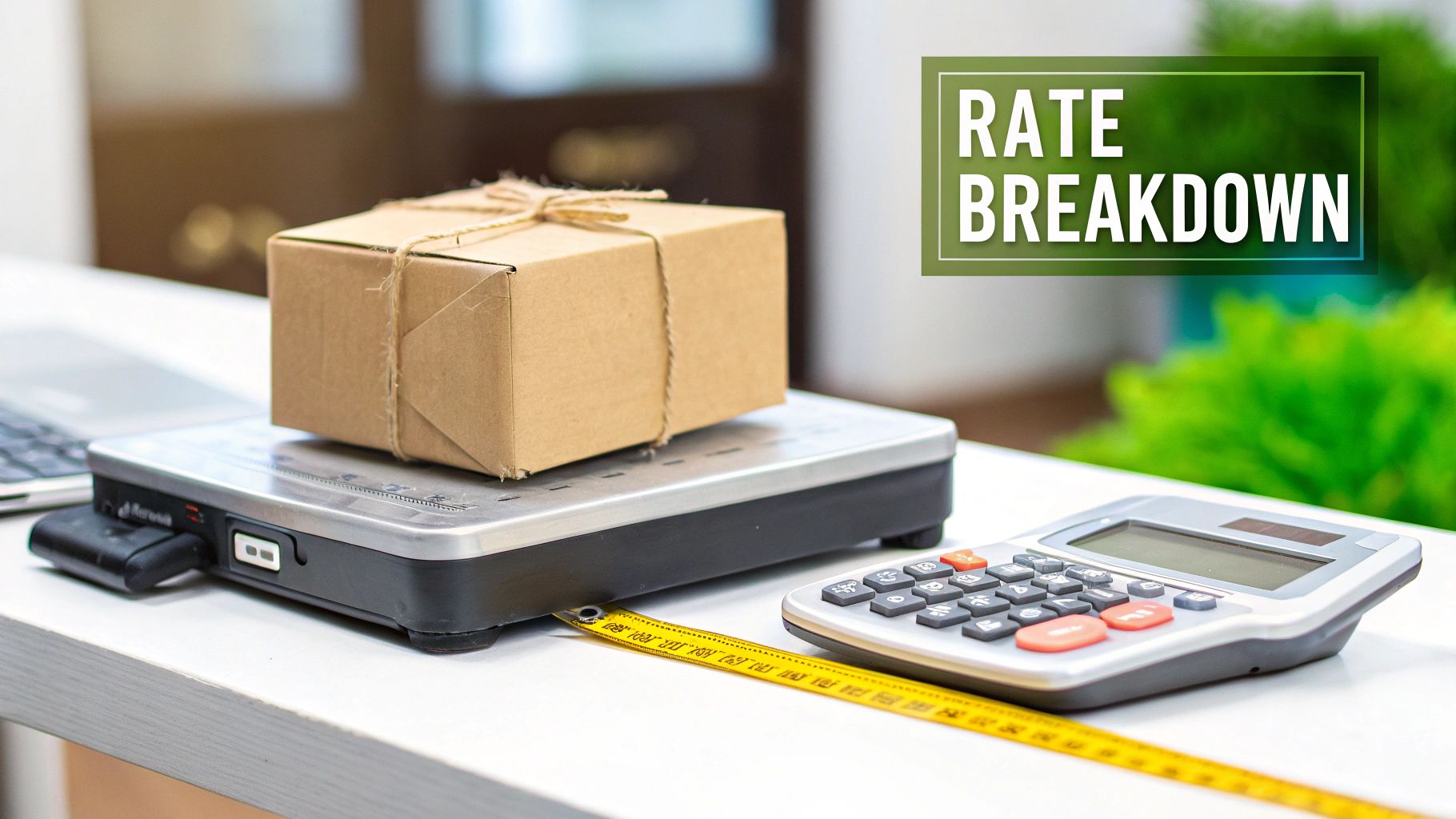 A cardboard box on a digital scale, calculator, and tape measure, for rate breakdown.