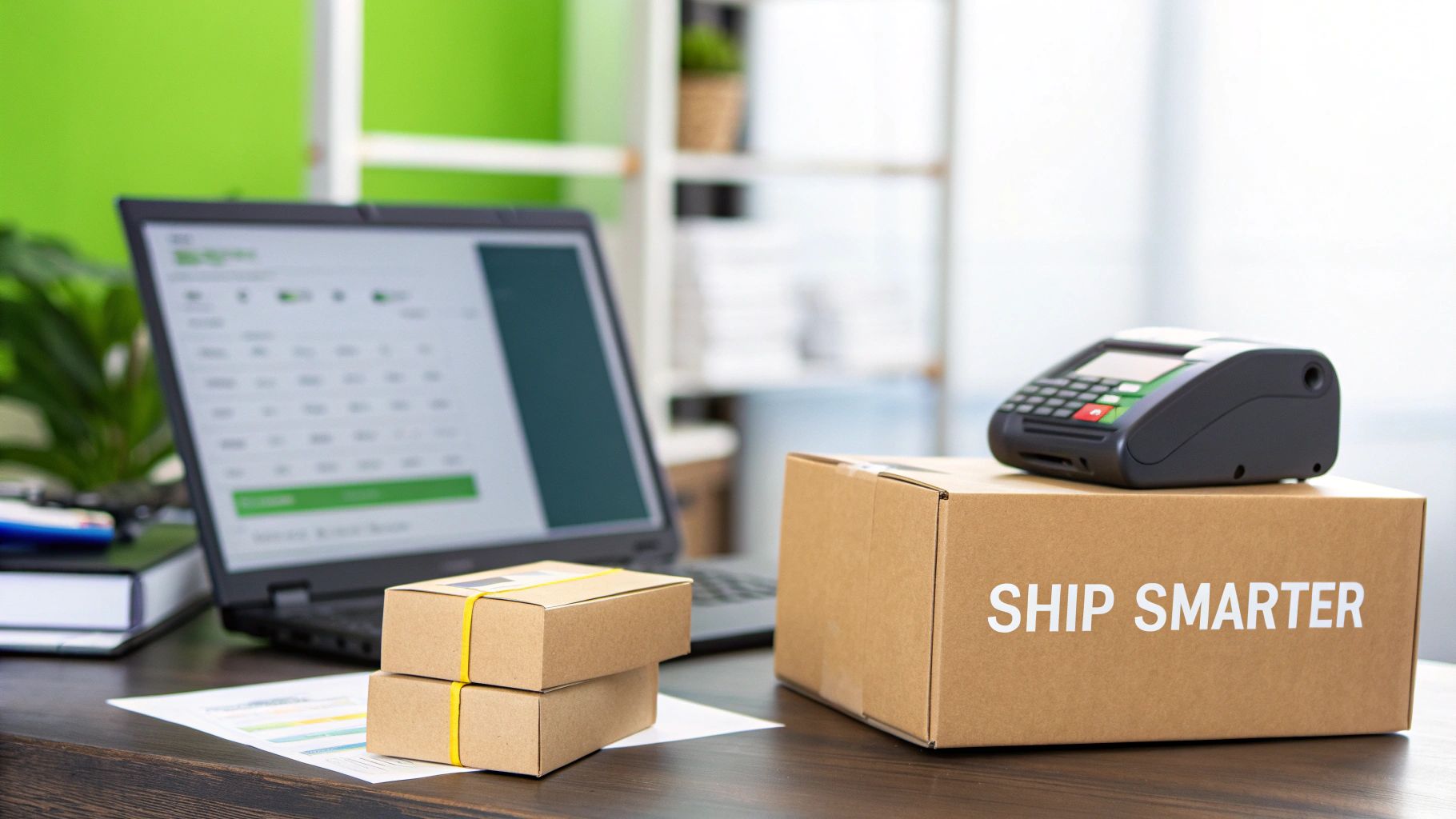 A desk with shipping boxes, a laptop displaying a shipping interface, and a payment terminal.