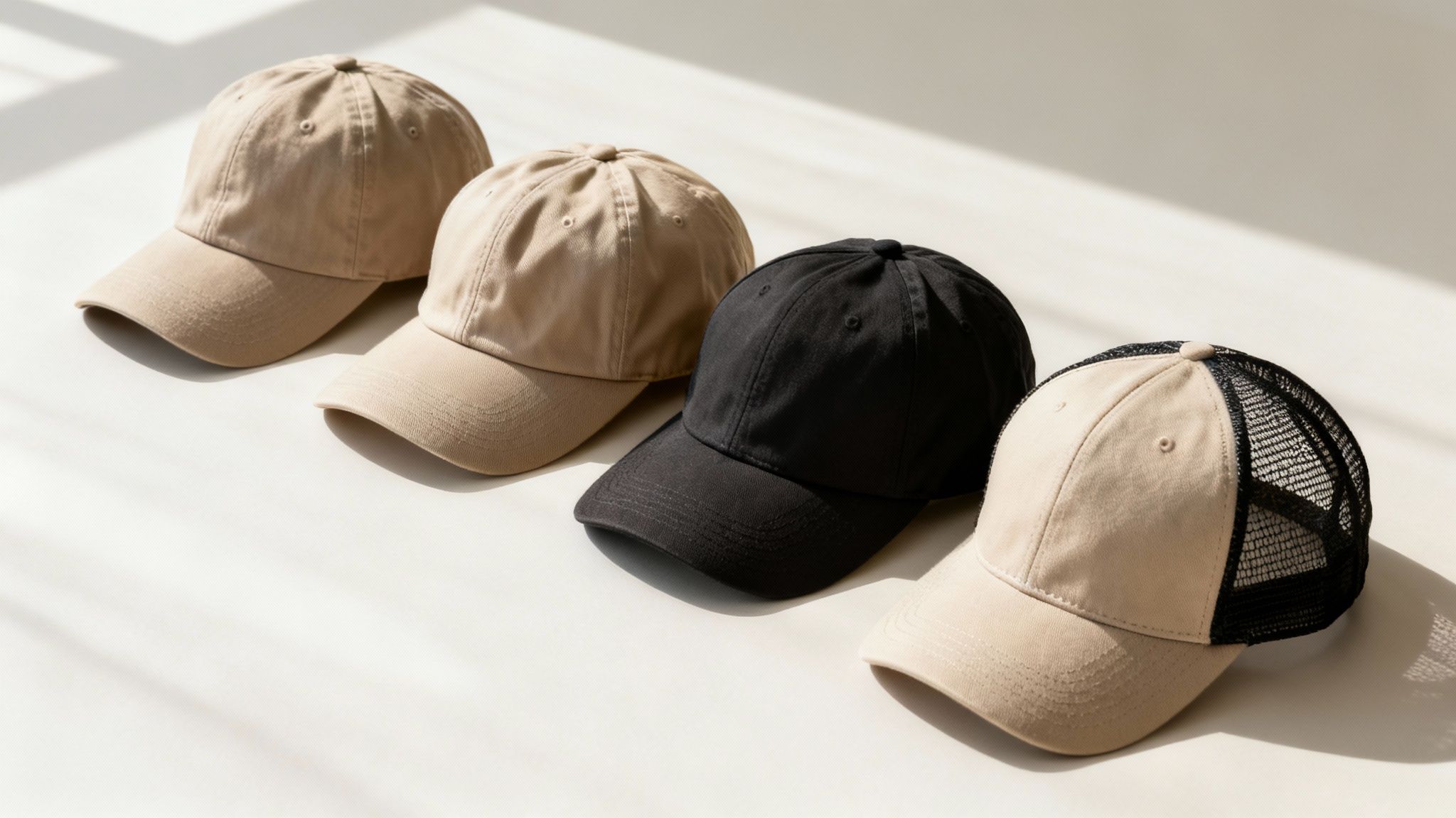 Four diverse baseball caps in beige and black, including solid and mesh styles, arranged on a light surface.