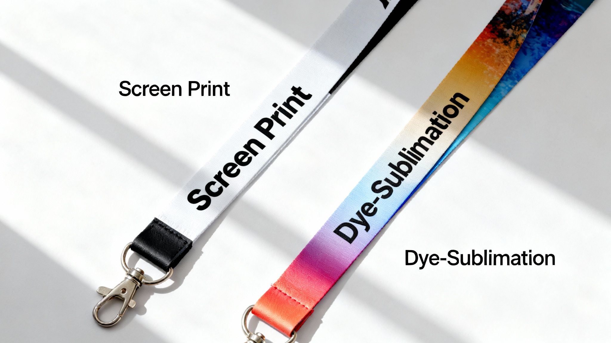Two lanyards on a white background, demonstrating screen print and dye-sublimation methods.
