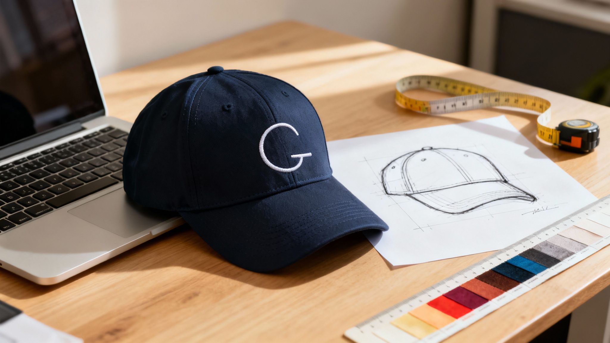 Workspace with a custom navy blue G-embroidered cap, a cap sketch, measuring tape, and color swatches.