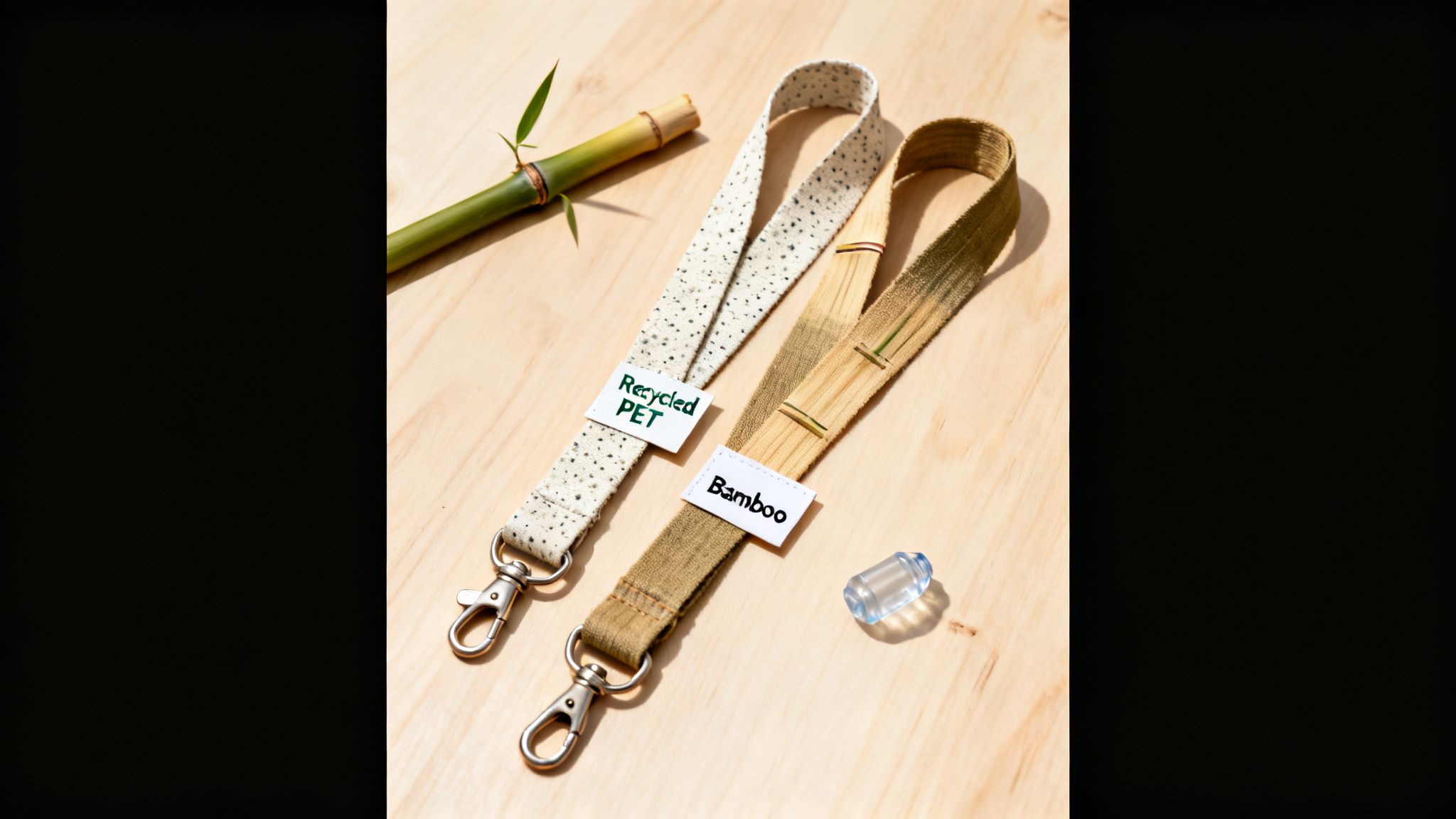 Sustainable lanyards: Recycled PET and Bamboo, with clasps, displayed on a light wood background.